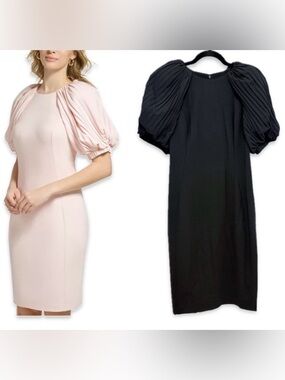 NWT [Calvin Klein] Midi Puff Pleated-Sleeve Stretch Sheath Dress Black Womens 10